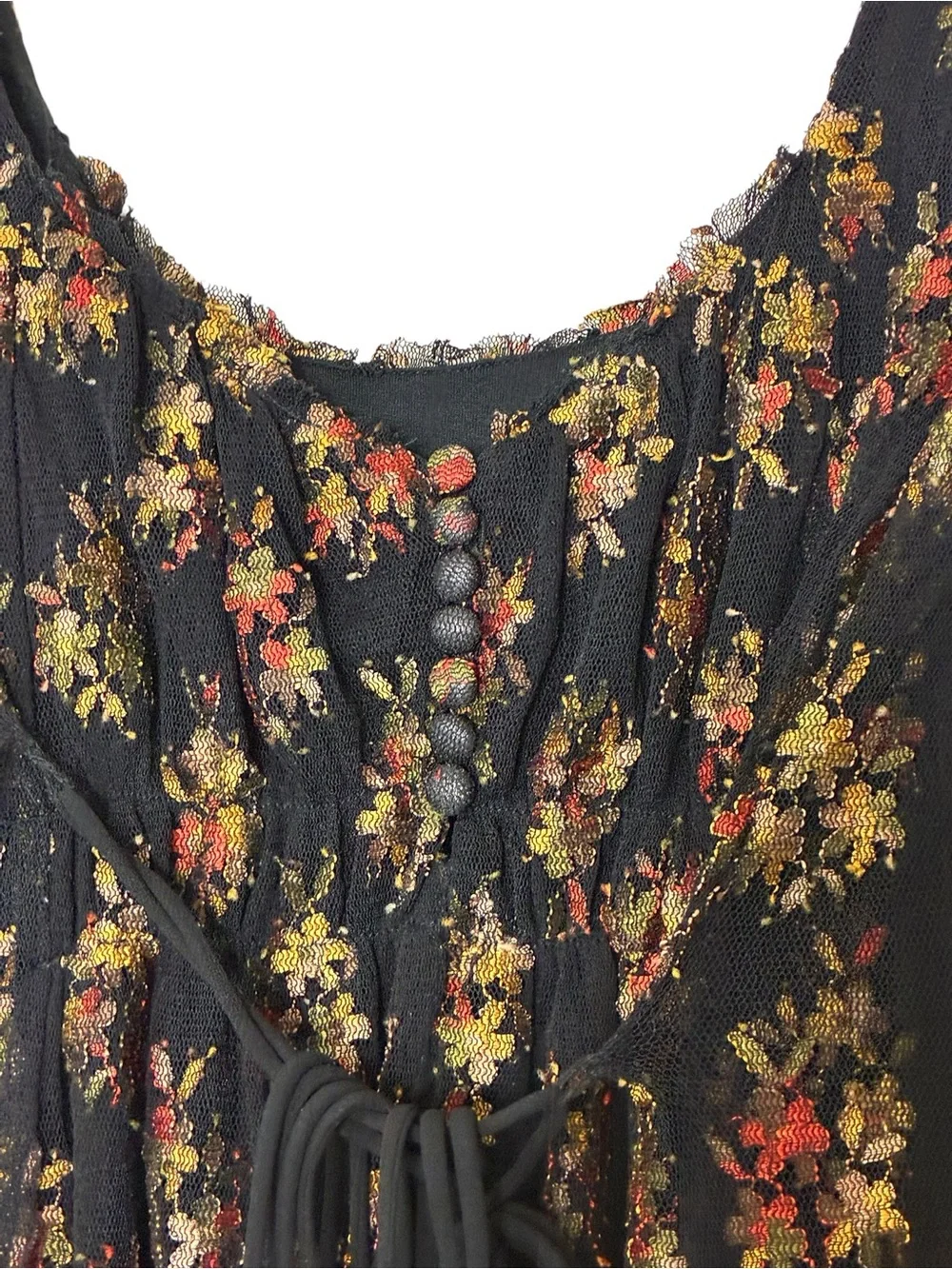 Free People | Black floral scoop neck romantic lace tie waist mini dress small